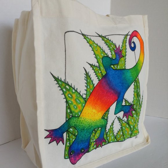Hand-Painted Rainbow Gecko Tote Bag: Reusable Canvas Shopping Bag 14x13x7 - Picture 5 of 16
